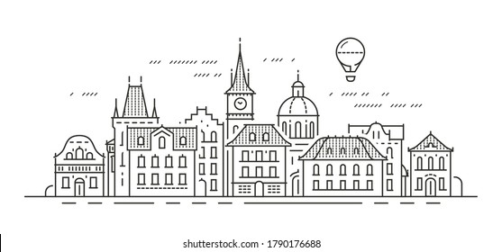 Cityscape with historic buildings. Town, city vector illustration