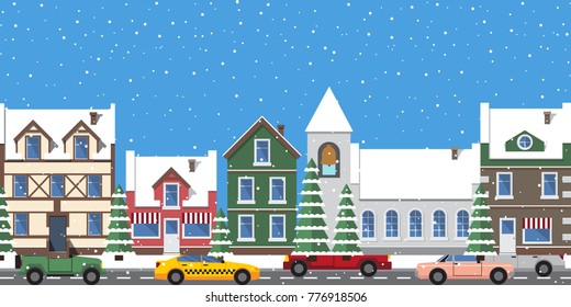 Cityscape horizontal poster, buildings with entrances and window, tower with bell, cars on roads, and pine tree with snow, vector illustration
