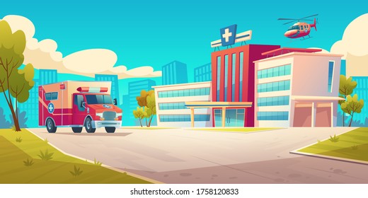 Cityscape with hospital building, ambulance car and helicopter. Vector cartoon illustration of medical clinic on town street, urgent first aid service, emergency rescue and ambulatory service