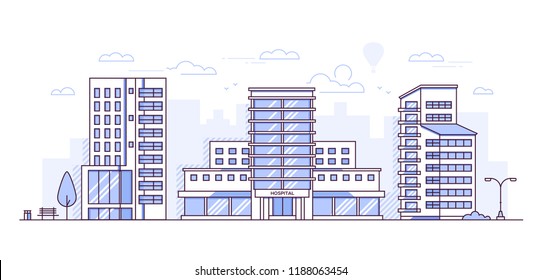 Cityscape with hospital - modern thin line design style vector illustration on white urban background. Purple colored composition with facade of city buildings, medical center, trees, bench, lantern