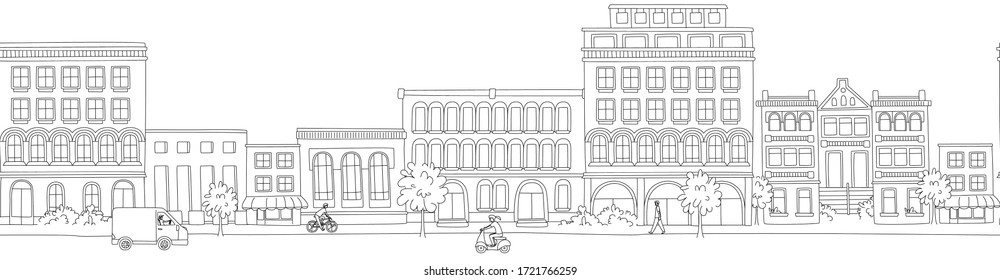 Cityscape, houses, buildings, street with pedestrians, traffic, cyclists and scooters. Seamless pattern border black and white. Vector illustration doodles, thin line art sketch style concept