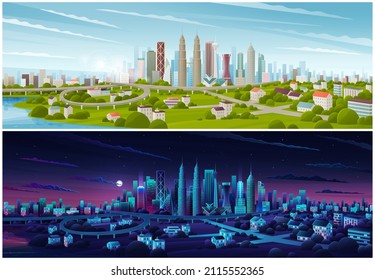 Cityscape with houses and buildings surrounded by trees. Night and day scenes set of town landscape with architecture. City streets with houses at night. Downtown with residential buildings and green