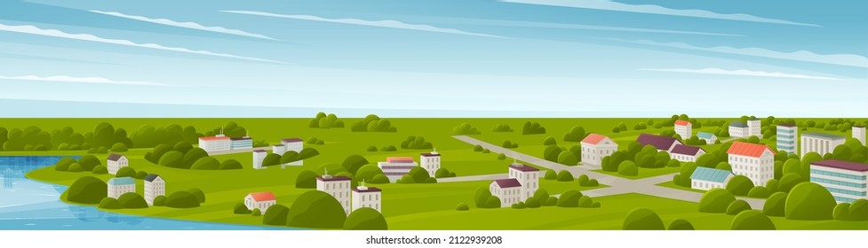 Cityscape with houses and buildings surrounded by trees. Landscape with nature and architecture. City streets with houses and greenery. Area, district with residential buildings and green spaces