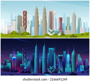 Cityscape with houses and buildings surrounded by trees. Night and day scenes set of town landscape with architecture. City streets with houses at night. Downtown with residential buildings and green