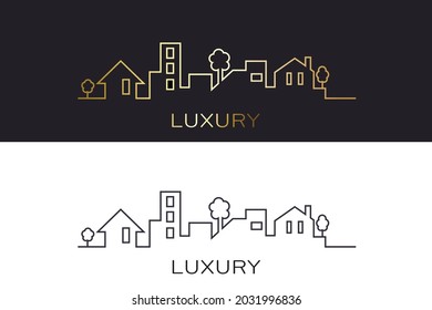 Cityscape, with houses and trees vectorgolden and color icon, in a row line.