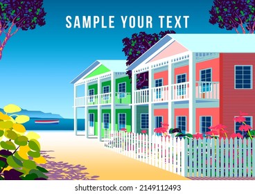 Cityscape with houses, tropical beach and sea in the background. Handmade drawing vector illustration.