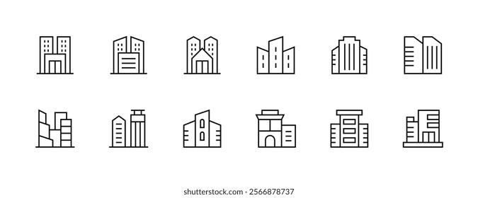 Cityscape icon collection. Modern building, apartment, skyscrapers, city building, residence, downtown, skyline and more. Editable stroke. Pixel Perfect. Grid base 32px.