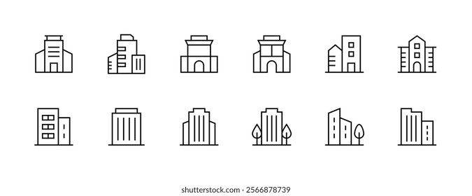 Cityscape icon collection. Modern building, apartment, skyscrapers, city building, residence, downtown, skyline and more. Editable stroke. Pixel Perfect. Grid base 32px.