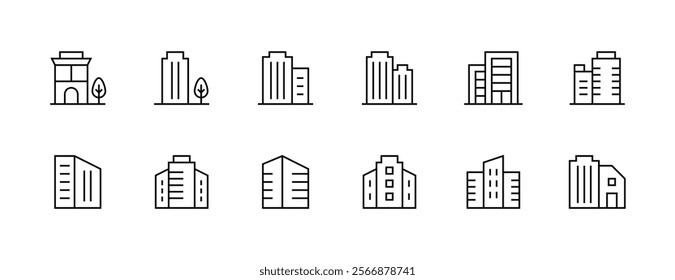 Cityscape icon collection. Modern building, apartment, skyscrapers, city building, residence, downtown, skyline and more. Editable stroke. Pixel Perfect. Grid base 32px.