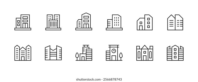 Cityscape icon collection. Modern building, apartment, skyscrapers, city building, residence, downtown, skyline and more. Editable stroke. Pixel Perfect. Grid base 32px.