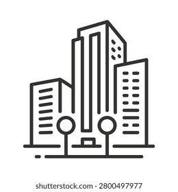 Cityscape icon depicting a cluster of modern buildings, urban architecture, and skyscrapers with street lights, representing growth, development, and a vibrant downtown environment