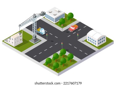 Cityscape icon design elements with isometric building city map. Isolated collection for creating your perfect city