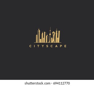 Cityscape icon, development, building, industry, factory, landscape, black background, vector illustration