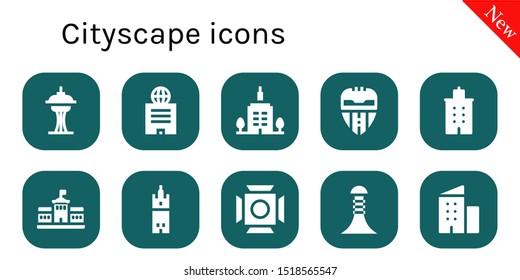 cityscape icon set. 10 filled cityscape icons.  Collection Of -  , Building, Skyscrapper, Valencia, Berlin, Scenic Illumination icons