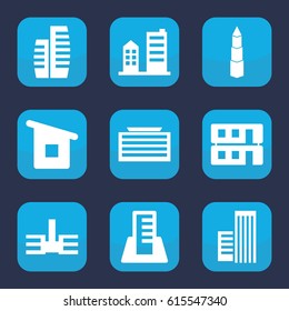 Cityscape icon. set of 9 filled cityscape icons such as business center building, house building