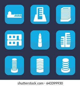 Cityscape icon. set of 9 filled cityscape icons such as business centre, business center building, house building, building
