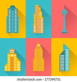 Cityscape icon set of buildings.