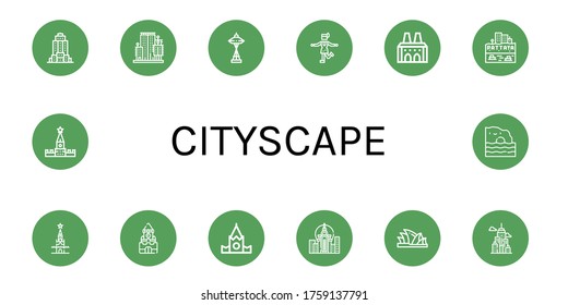 Cityscape Icon Set. Collection Of Empire State Building, City Garden Tower, Space Needle, Charleston, National Palace Of Sintra, Pattaya, Kremlin, City, Sydney Opera House Icons