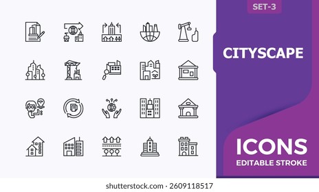 Cityscape icon set. Contains outline symbols like home, city, architecture, skyscraper, build, construction, residential and more. Urban Development icon set. Minimalist editable vector.