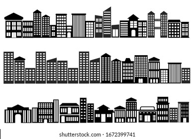 Cityscape icon set vector  with city silhouette symbol. Building symbols in landscape design. Town Icons on white background.   Building icons illustrations.