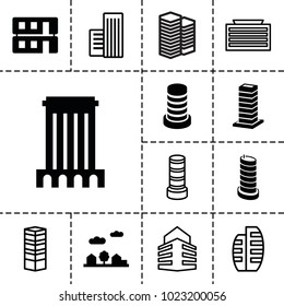 Cityscape icons. set of 13 editable filled and outline cityscape icons such as house building, building, city landscape, business centre, business center building