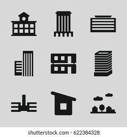 Cityscape icons set. set of 9 cityscape filled icons such as business center building, house building, building