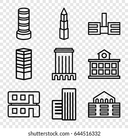 Cityscape icons set. set of 9 cityscape outline icons such as business centre, business center building, house builidng, builidng