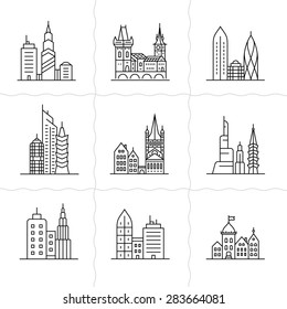 Cityscape icons. Urban city and old town skyline and buildings