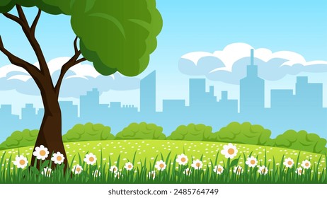 Cityscape illustration of buildings and park in spring season