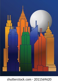 Cityscape Illustration with Colorful Tall Buildings