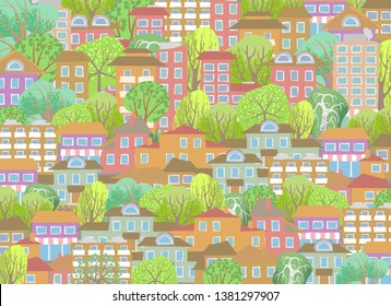 Cityscape Illustration. Cute town. Houses and trees.