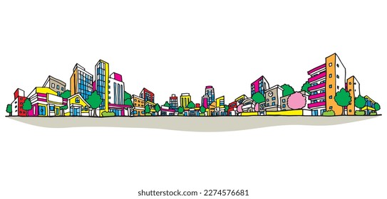 Cityscape illustration. Hand-drawn style. Perspective view. Colorful.