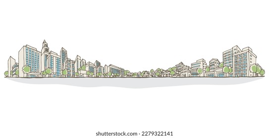 Ilustración de Cityscape. Estilo dibujado a mano. Vista de perspectiva.