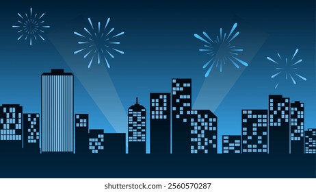 Cityscape illustration of new year event with fireworks over skyline