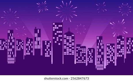 Cityscape illustration of new year event with fireworks over skyline