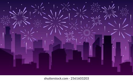 Cityscape illustration of new year with fireworks display over skyline