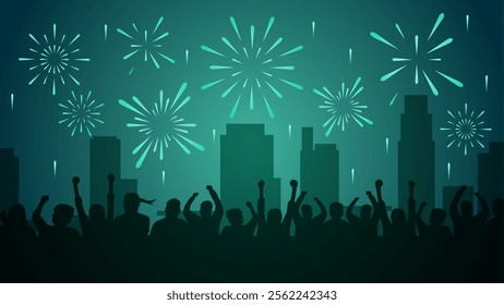 Cityscape illustration of new year with fireworks and crowd of people