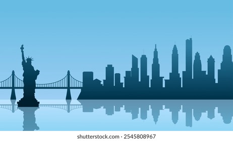 Cityscape illustration of new york city with Liberty statue and bridge