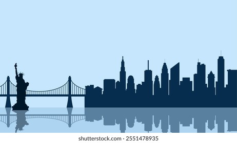 Cityscape illustration of new york city with Liberty statue and bridge