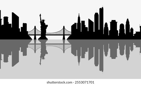 Cityscape illustration of new york city with Liberty statue and bridge