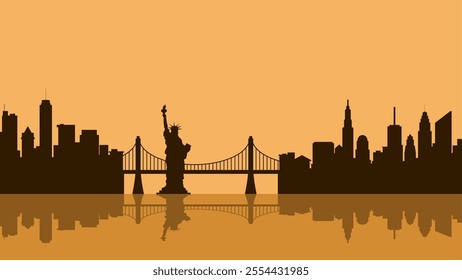 Cityscape illustration of new york city with Liberty statue and bridge