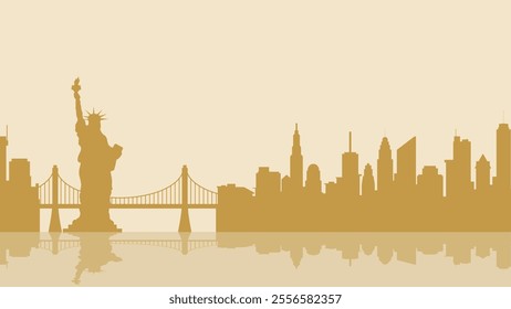 Cityscape illustration of new york city with Liberty statue and bridge