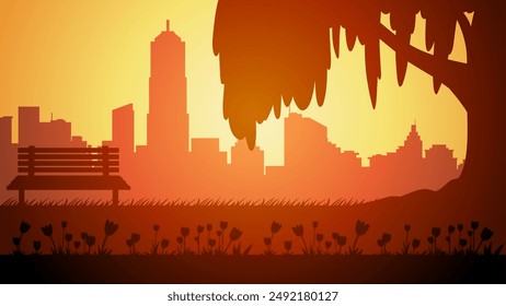 Cityscape illustration of park silhouette in sunset with bloom flower
