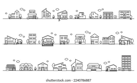 It is a cityscape illustration set (line) of building icons.