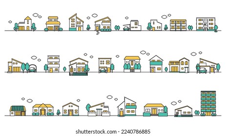 Es un conjunto de ilustraciones de paisajes urbanos (color simple) de iconos de construcción.