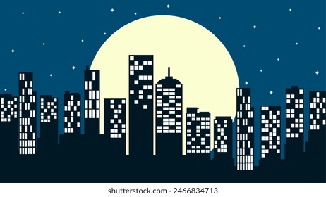 Cityscape illustration of skyline building with full moon night