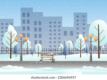 Cityscape illustration. Snowy winter day in the park. Lanterns and a bench, urban high-rise buildings. Flat vector illustration with gradients. For advertising flyers, design and decor, packaging