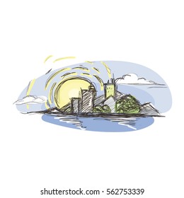 Cityscape illustration, sunset, ocean beach. Doodle vector landscape.