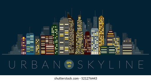 Cityscape Illustration. Urban night skyline with skyscrapers and tall buildings flat design