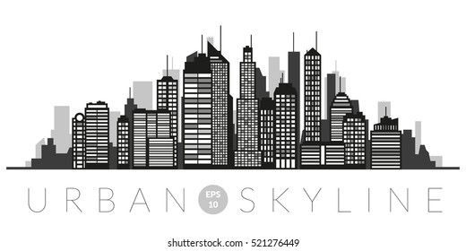 Cityscape Illustration. Urban skyline with skyscrapers and tall buildings in shades of grey